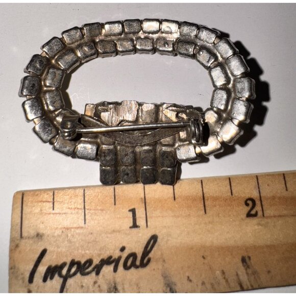 Vintage Rhinestone Belt Buckle Or Brooch Oval Shape Double Row Stones 2 Inches W - Picture 3 of 3